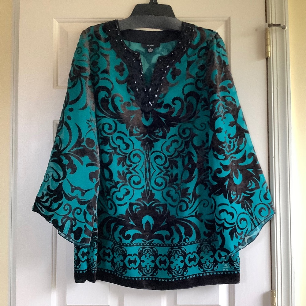 Alfani Burnout Velvet Embellished V Neck Blouse Teal Black SZ 12